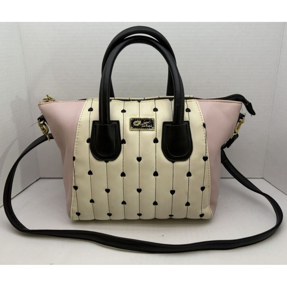 Betsey Johnson Quilted Satchel Cream Pink Black Embroidered Hearts Top Handle